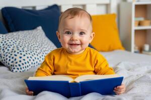 A baby sitting on a bed reading a book photo