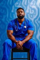 A man in scrubs sitting on a stool with a stethoscope on his neck photo