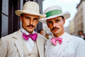 Two men in suits and hats pose for a picture photo