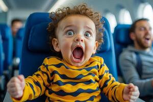 A baby yawning while sitting in an airplane with his parents in the background photo