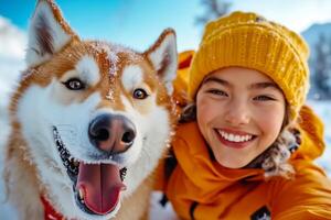 A woman taking a selfie with her dog in the snow photo
