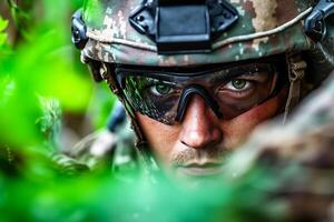 A man in a military uniform and goggles looking at the camera photo