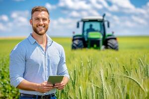 A man standing in a field holding a tablet computer photo