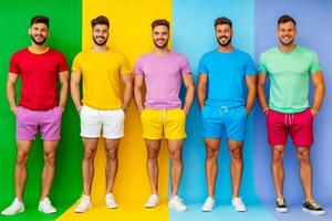 A group of men standing in a row wearing colorful t-shirts and shorts photo