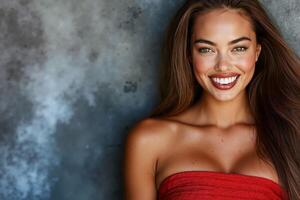 A woman in a red dress smiling at the camera photo