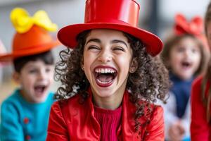 A group of children wearing red hats laughing together photo