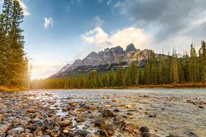 Sunrise on Castle mountain and bow river at Banff national park photo