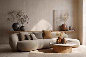 A modern living room with a large sofa and a coffee table photo