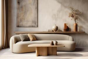 A living room with a couch, coffee table and vase photo