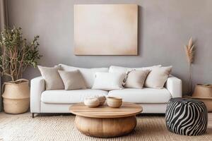 Contemporary Boho Living Room with Neutral Sofa, Wooden Table and Zebra Stool, Stylish Home Decor Inspiration photo