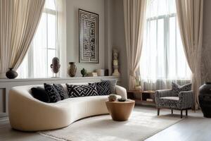 A living room with a white couch and a black coffee table photo