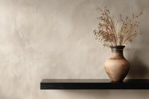 Modern Beige Wall Background with Clay Vase on Shelf photo