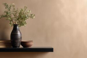 Neutral Tones Wall Mockup with Clay Vase Decor photo