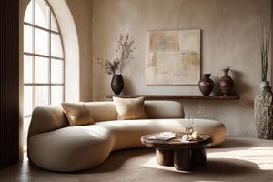 A living room with a curved sofa and a table photo