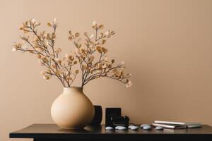 Beige Wall Mockup with Clay Vase photo