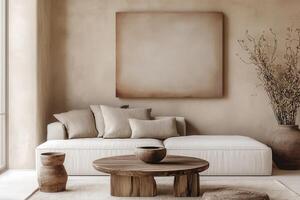 Beige Boho Interior with Unique Zebra Stool, Wall Fabric Art and Modern Furniture, Chic Living Room Design photo