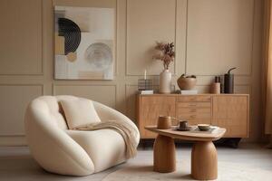 A living room with a chair, table and a rug photo