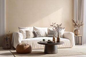 A living room with a white couch and a table photo
