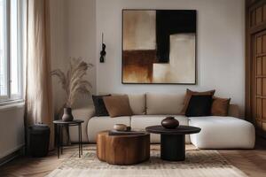 Modern Boho Living Room with Beige Sofa, Zebra Stool, and Textured Wall Art , Trendy Interior Design Template photo