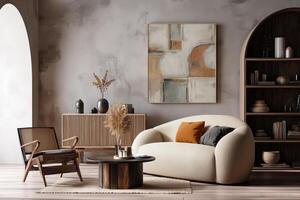 A living room with a white chair, a table and a painting photo