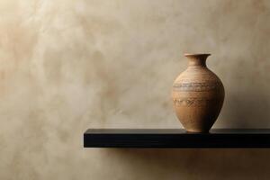 Elegant Beige and Brown Wall Mockup with Clay Vase photo