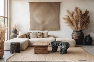 Stylish Boho Living Room with Beige Sofa, Black Zebra Stool, and Trendy Fabric Wall Decor photo