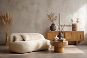A living room with a sofa, table and vases photo