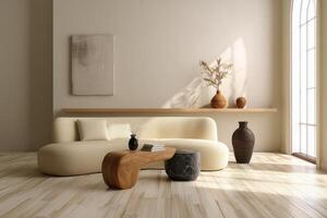 A living room with a white couch and a vase photo