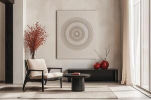 Minimalist Beige Interior with Canvas Wall Art, Boho Chair, Black Table, and Stylish Red Floral Decor Elements photo