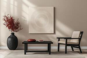 Boho Beige Living Room with Circular Canvas Art Black Coffee Table, Red Flowers and Minimalist Home Decor Inspiration photo