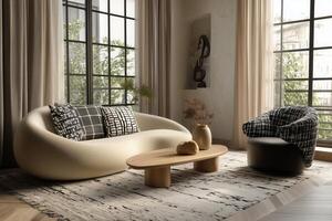 A living room with a large window and a sofa photo