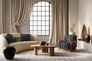 A living room with a curved sofa, chair and table photo