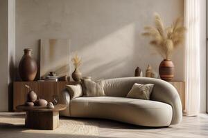 A living room with a couch, table and vases photo
