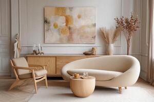 A living room with a white sofa, chair and table photo