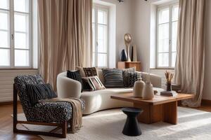 A living room with a couch, chair and table photo