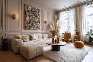 A living room with a white couch, a coffee table and a painting photo