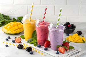 Three smoothies with straws and berries on a white table photo