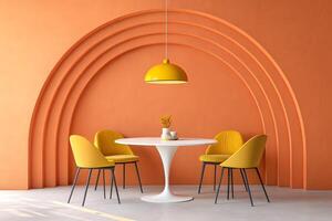 A dining room with yellow chairs and a table photo