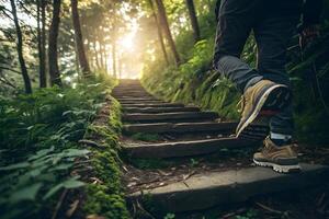 A person walking up a set of stairs in the woods photo