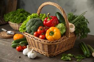 Fresh vegetables in a basket on a wooden table photo