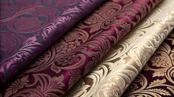Elegant decorative fabrics with intricate patterns on display in a studio photo