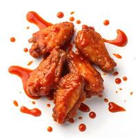 Delicious chicken wings coated in spicy sauce on a clean plate photo