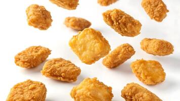 Crispy fried chicken nuggets floating against white background photo