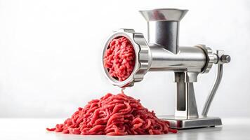 Meat grinder produces freshly ground meat on a clean kitchen counter photo