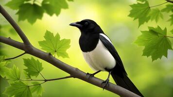 Magpie perched on a branch surrounded by vibrant green leaves in spring photo