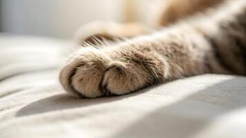 Cat's paw resting on soft surface in warm sunlight during daytime photo
