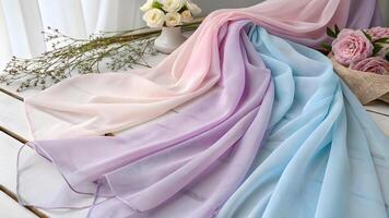 Soft pastel fabrics arranged with flowers on a rustic table photo