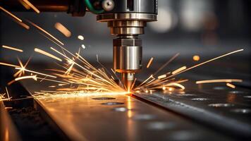 Laser cutting machine creating sparks during metal fabrication process photo