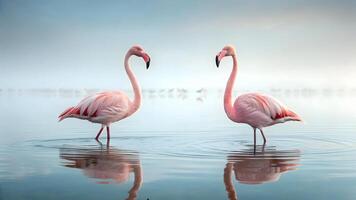 Flamingos wading in serene water at dawn in a tranquil wetland area photo