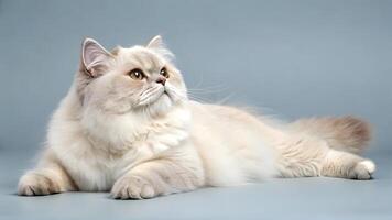 Fluffy cat resting calmly on a soft surface in a serene setting photo